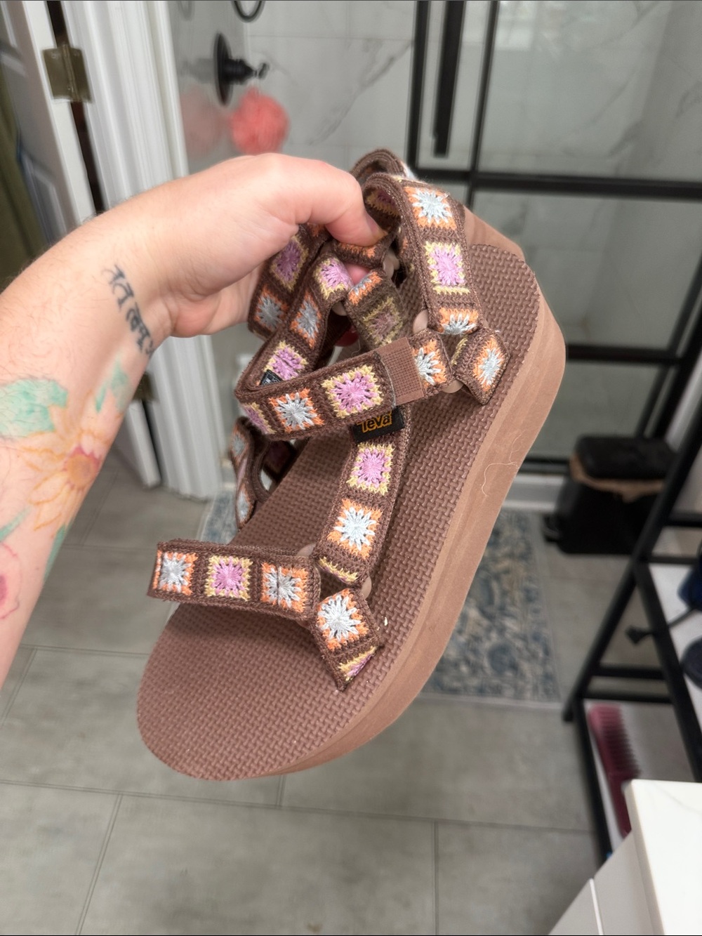 Teva Brown Sandals with Pink, White & Light Blue Crochet Accents - Picture 5 of 6